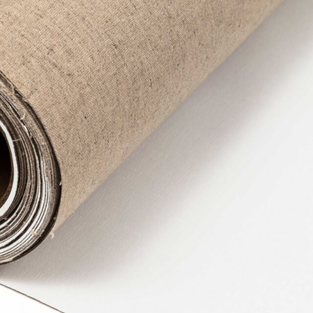 Close up of the texture of a Loxley Mixed Canvas Roll that is primed and is 1 by 10 metres, weighs 10 oz and is 350gsm