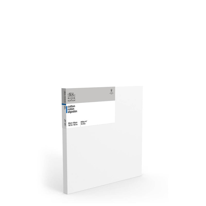 A front facing image of a Winsor & Newton Deep Edge Canvas that measures 50 by 50 centimetres and comes in a box of 3.