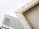 Picture of the back of a Winsor & Newton Professional Canvas measuring 20 by 20 centimetres, showing the wooden frame and stapled canvas.