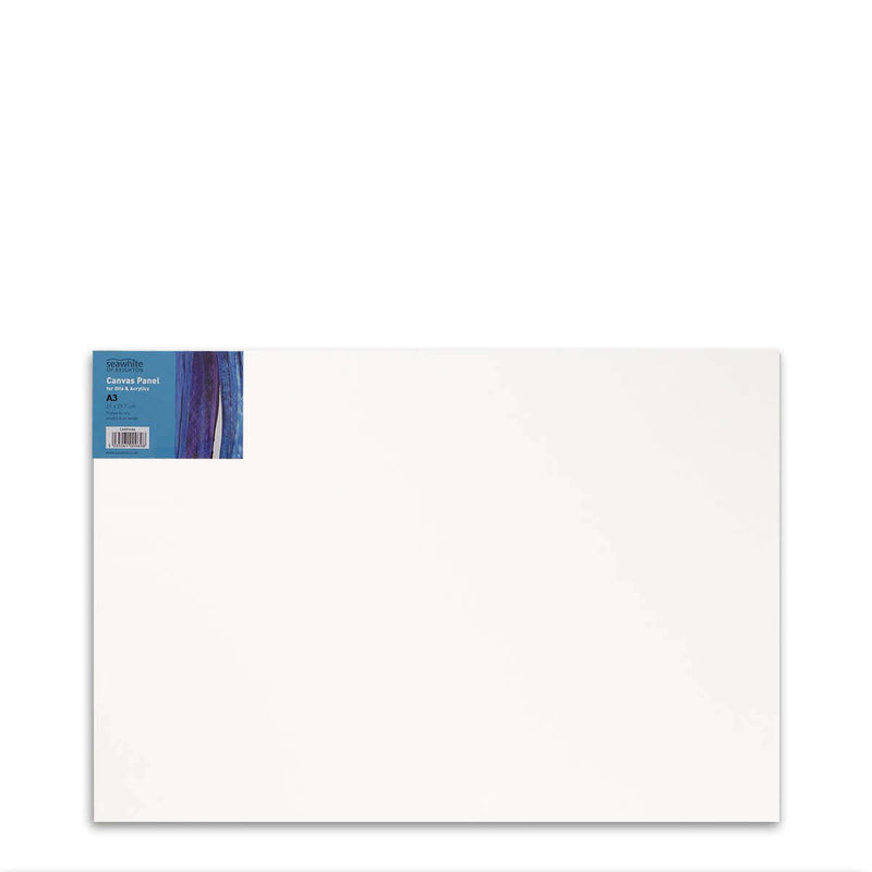 Front image of a Seawhite Primed Cotton Canvas Board that is A3 and comes in a pack of 10