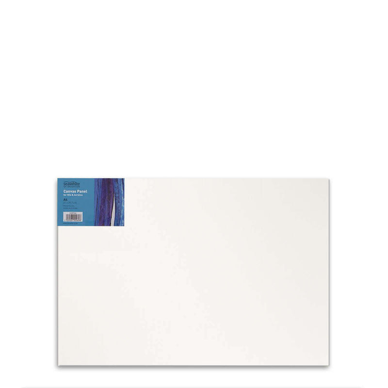 Front image of a Seawhite Primed Cotton Canvas Board that is A4 and comes in a pack of 10